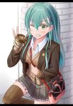  1girl ;&lt; ayakase_hotaru brown_legwear clenched_teeth commentary_request drinking_straw eyebrows_visible_through_hair green_eyes green_hair highres kantai_collection long_hair looking_at_viewer pocketbook solo suzuya_(kantai_collection) teeth 