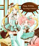  2girls alternate_costume bishoujo_senshi_sailor_moon blonde_hair blue_eyes bow bowtie brown_hat character_name chibi_usa chocolate chocolate_heart choker closed_mouth cropped_legs double_bun dress earrings flower food frills green_bow green_dress green_legwear hair_bow happy_birthday hat heart height_difference ice_cream jewelry long_hair looking_at_viewer macaron mismatched_legwear multiple_girls pink_flower pink_hair pink_rose red_eyes rose sarashina_kau short_hair signature skirt_hold smile standing star star_earrings striped striped_bow striped_legwear thigh-highs top_hat tsukino_usagi twintails v vertical-striped_legwear vertical_stripes vest 