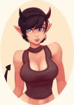  1girl absurdres bare_shoulders black_hair blue_eyes breasts carlos_eduardo cleavage commentary demon_horns freckles hat highres horns large_breasts lips looking_at_viewer midriff navel nose original parted_lips pointy_ears short_hair smile solo upper_body 