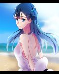  1girl beach blue_eyes blue_hair blue_sky breasts closed_mouth clouds day dress hair_bun hat hat_removed headwear_removed hugtto!_precure letterboxed long_hair looking_at_viewer medium_breasts negom ocean outdoors precure sideboob sky smile solo white_dress white_hat yakushiji_saaya 