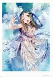  1girl absurdres atelier_(series) atelier_firis bare_shoulders breasts brown_hair clouds erect_nipples firis_mistlud green_eyes hair_ornament highres huge_filesize long_hair looking_at_viewer noco_(adamas) official_art one_eye_closed open scan see-through skirt sky smile solo water wet wet_clothes yuugen 