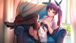  1girl bangs black_legwear brown_eyes collarbone couch curtains dress high_heels highres indoors kamisakai long_hair looking_at_viewer lying original panties pantyshot pantyshot_(lying) purple_hair smile solo thigh-highs twintails underwear white_dress window 