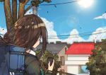  1girl bag brown_hair building cellphone clouds earphones earphones erere from_behind house idolmaster idolmaster_cinderella_girls leaf leaves_in_wind lens_flare long_hair necktie outdoors phone power_lines railing school_bag school_uniform shibuya_rin sky smartphone solo sun telephone_pole tree window 