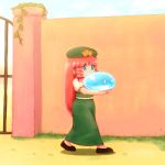  1girl blue_eyes braid carrying commentary_request day gate green_skirt hat hong_meiling long_hair long_skirt outdoors puffy_short_sleeves puffy_sleeves redhead shirosato short_sleeves skirt skirt_set slime touhou walking wall 