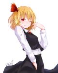  1girl ;p baileys_(tranquillity650) black_skirt blonde_hair eyebrows_visible_through_hair hair_ribbon highres long_hair long_sleeves looking_at_viewer one_eye_closed red_eyes red_ribbon ribbon rumia short_hair signature simple_background skirt slit_pupils solo tongue tongue_out touhou white_background 