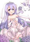 1girl :d alicorn animal azur_lane bangs bare_shoulders blush bouquet bow breasts cleavage collarbone commentary_request detached_sleeves dress eyebrows_visible_through_hair feathered_wings flower hair_between_eyes hair_bun hand_up highres horn kawachi_(hina) long_sleeves looking_at_viewer open_mouth outstretched_arm petals purple_flower purple_hair purple_rose rose see-through side_bun sleeves_past_wrists small_breasts smile solo tears thigh-highs tiara unicorn_(azur_lane) veil violet_eyes white_background white_bow white_dress white_legwear white_wings wings 