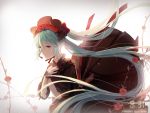  1girl aiko_(kanl) aqua_eyes aqua_hair black_dress black_hat bonnet dated dress flower hands_on_own_chest hands_together happy_birthday hat hat_flower hatsune_miku light_smile long_hair microphone open_mouth red_flower red_ribbon red_rose ribbon rose solo tears twintails very_long_hair vocaloid 