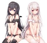  2girls angel_wings bangs bare_shoulders black_bow black_bra black_choker black_hair black_hairband black_legwear black_panties black_wings blue_eyes blush bow bow_bra bra breasts choker closed_mouth collarbone demon_wings detached_sleeves eyebrows_visible_through_hair flat_chest frilled_bra frills groin hair_between_eyes hairband halter_top halterneck hands_on_lap highres komeshiro_kasu long_hair looking_at_viewer maid_headdress midriff mini_wings multiple_girls navel original panties red_eyes side-tie_panties sidelocks simple_background sitting small_breasts stomach thigh-highs underwear underwear_only very_long_hair white_background white_bow white_bra white_choker white_hair white_hairband white_legwear white_panties white_wings wings wristband 
