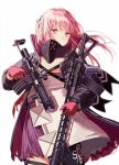  1girl ar-15 armband armor assault_rifle bangs blue_eyes blue_hair blush closed_mouth coat digi-mind_update_(girls_frontline) dress dual_wielding floating_hair gas_mask girls_frontline gloves gun hair_between_eyes hair_ornament holding holding_gun holding_weapon holster jacket long_hair looking_at_viewer magazine_(weapon) multicolored_hair open_clothes open_coat parted_lips pink_hair ponytail rifle scarf scope sidelocks signature silence_girl simple_background skindentation solo st_ar-15_(girls_frontline) strap streaked_hair thigh-highs thigh_holster thigh_strap torn_jacket trigger_discipline weapon white_background wind wind_lift 
