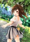  1girl :d absurdres bag bangs bare_shoulders blurry blurry_background blush brown_eyes brown_hair commentary_request day depth_of_field eyebrows_visible_through_hair grey_skirt handbag highres long_hair looking_at_viewer looking_back maru_shion open_mouth original outdoors road short_sleeves shoulder_bag shoulder_cutout skirt smile solo striped sunlight upper_teeth vertical-striped_skirt vertical_stripes white_legwear 