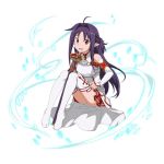  1girl :d ahoge asuna_(sao) asuna_(sao)_(cosplay) bangs breastplate cosplay detached_sleeves floating_hair full_body long_hair miniskirt open_mouth pleated_skirt pointy_ears purple_hair red_eyes red_skirt sheath sheathed simple_background sitting skirt smile solo sword sword_art_online thigh-highs very_long_hair weapon white_background white_legwear yuuki_(sao) zettai_ryouiki 