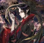  1boy akgi bird black_hair flower green_eyes holding holding_pipe hoozuki_(hoozuki_no_reitetsu) hoozuki_no_reitetsu horn japanese_clothes looking_at_viewer male_focus oni_horn outdoors parted_lips pink_flower pipe red_string solo string wings 