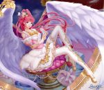  1girl absurdres angel_wings artist_name detached_sleeves dress full_body fur_trim gold_trim gugu_(mirukai) heart highres knee_up looking_at_viewer miracle_nikki pink_hair sitting skirt solo violet_eyes white_legwear white_skirt white_wings wings 