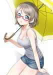 10s 1girl breasts cleavage glasses highres looking_at_viewer love_live! love_live!_sunshine!! medium_breasts no_bra open_mouth rozen5 shadow short_hair short_shorts shorts solo tank_top umbrella watanabe_you 