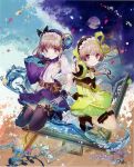  2girls absurdres atelier_(series) atelier_lydie_&amp;_suelle blush boots bow bowtie breasts brush cleavage gloves hairband highres ink long_hair looking_at_viewer lydie_marlen multiple_girls noco_(adamas) official_art open_mouth paintbrush pink_eyes pink_hair ponytail scan short_hair siblings side_ponytail sisters sitting skirt small_breasts smile suelle_marlen thigh-highs twins yellow_bow yuugen 