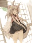  1girl :p animal_ears arms_at_sides azur_lane bell bow extra_ears eyebrows_visible_through_hair fox_ears fox_tail goekawa grey_hair hair_bell hair_bow hair_ornament japanese_clothes kamikaze_(azur_lane) long_hair long_sleeves lowleg lowleg_panties multicolored_hair panties ribbon ribbon-trimmed_sleeves ribbon_trim shouji side-tie_panties side_ponytail silver_hair skirt sliding_doors smile solo sparkle standing streaked_hair tail tongue tongue_out underwear wind wind_lift 