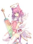  +_+ 1girl :o animal_ears aqua_eyes bow cat_ears cat_tail character_request dress fang garter_straps halo heart heart_print large_syringe looking_at_viewer needle nurse open_mouth oversized_object pink_bow pink_dress pink_hair red_bow rento_(rukeai) shironeko_project short_dress short_hair sidelocks simple_background solo star striped striped_bow syringe tail thigh-highs twitter_username white_background white_bow white_dress white_legwear wings 