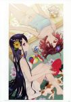  2girls absurdres atelier_(series) atelier_firis black_hair breasts brown_eyes brown_hair cat dress fan flower gloves hair_flower hair_ornament highres huge_filesize liane_mistlud long_hair looking_at_viewer multiple_girls noco_(adamas) official_art red_eyes scan short_hair skirt smile sophie_neuenmuller strap_slip very_long_hair yuugen 