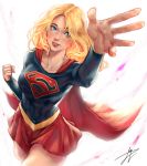  1girl blonde_hair blue_eyes blush breasts cape clenched_hand collarbone commentary cropped_legs dc_comics highres long_hair looking_at_viewer multicolored multicolored_clothes parted_lips red_cape red_skirt skirt solo supergirl trung_doan white_background 