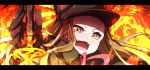  1girl :d absurdres arm_up bangs black_gloves black_hat brown_eyes brown_hair chacha_(fate/grand_order) commentary_request fangs fate/grand_order fate_(series) fiery_sword fire forehead fur_collar gloves hat highres katana letterboxed looking_at_viewer open_mouth parted_bangs peaked_cap pink_ribbon protected_link ribbon smile solo sword v-shaped_eyebrows wada_kazu weapon 