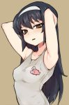  1girl armpits arms_up black_hair breasts brown_background brown_eyes empty_eyes gesugao girls_und_panzer glaring hairband jorin long_hair looking_at_viewer parted_lips reizei_mako simple_background small_breasts solo 