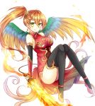  1girl bird_wings black_legwear breasts china_dress chinese_clothes cleavage_cutout commentary_request dress elbow_gloves fingerless_gloves flaming_sword gloves green_eyes hair_between_eyes highres kanataww large_breasts leilan_(p&amp;d) long_hair orange_hair puzzle_&amp;_dragons side_ponytail smile solo thigh-highs wings 