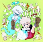  2boys artist_name black_shirt brothers clenched_teeth crying cuphead cuphead_(game) drinking_straw ghost gijinka gloves green_background halo heart humanization long_sleeves male_focus mugman multiple_boys open_mouth personification shirt siblings simple_background teeth white_gloves white_hair 