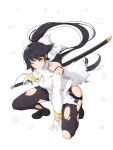  1girl absurdly_long_hair arm_support azur_lane between_legs black_footwear black_hair black_legwear bow commentary_request hair_bow hand_between_legs high_ponytail highres holding holding_sword holding_weapon jacket katana koflif loafers long_hair military_jacket one_knee pantyhose petals pleated_skirt ponytail sheath sheathed shoes simple_background skirt solo sword takao_(azur_lane) thighband_pantyhose torn_bow torn_clothes torn_jacket torn_pantyhose torn_skirt very_long_hair weapon white_background white_bow white_jacket white_skirt 