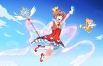  1girl blue_sky brown_hair card_captor_sakura flying gloves green_eyes kero kinomoto_sakura magical_girl ribbon sky smile staff streya 