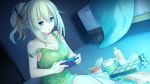  1girl alternate_hairstyle bare_shoulders blonde_hair blue_eyes brave_neptune breasts camisole cleavage controller dutch_angle game_controller indoors large_breasts long_hair neptune_(series) off_shoulder official_art open_mouth playing_games ponytail sitting solo strap_slip television tsunako vert video_game watermark 