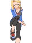  1girl adapted_costume android_18 artist_request blonde_hair blue_eyes bracelet cyborg denim dragon_ball dragonball_z earrings highres jewelry shoes short_hair sneakers solo 