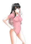  1girl 30-06 absurdres alternate_costume black_hair breasts collarbone gymnast_leotard hands_on_hips highres kantai_collection leotard long_hair medium_breasts multicolored_hair naganami_(kantai_collection) pink_hair pink_leotard solo two-tone_hair wavy_hair yellow_eyes 