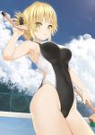  1girl aegis_(takunomi) armpits bangs black_swimsuit blonde_hair blue_sky blush breasts broom clouds cloudy_sky commentary_request competition_swimsuit covered_navel day elf eyebrows_visible_through_hair green_eyes half_updo highleg highleg_swimsuit highres holding holding_broom long_hair looking_at_viewer one-piece_swimsuit original outdoors parted_lips pointy_ears sky solo standing swimsuit takunomi wet 