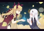  2girls amder blonde_hair blurry blurry_background cape collarbone ereshkigal_(fate/grand_order) fate/grand_order fate_(series) flower hair_ribbon horn lavinia_whateley_(fate/grand_order) long_hair looking_at_another multiple_girls pale_skin petals pixiv_fate/grand_order_contest_2 ribbon sanpaku see-through tagme tohsaka_rin twintails white_hair 