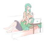  2girls aqua_hair bandaid bandaid_on_knee bang_dream! barefoot blue_shorts bow bowwow_(hamju94) brown_shirt brown_skirt cat coffee_mug collarbone computer couch cup green_cardigan green_eyes heart hikawa_hina hikawa_sayo lap_pillow laptop long_hair long_sleeves lying mug multiple_girls on_back shirt shorts siblings sisters sitting skirt smile twins yellow_bow 