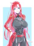  1girl archer archer_(cosplay) bangs belt black_bodysuit blue_background blush bodysuit boudica_(fate/grand_order) breasts closed_mouth cosplay covered_navel earrings eyebrows_visible_through_hair fate/grand_order fate/stay_night fate_(series) green_eyes hand_on_hip highres hips jewelry large_breasts long_hair looking_at_viewer mila_(yuta27315) red_shirt redhead shirt simple_background smile solo waist_cape white_border 