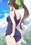  1girl adjusting_clothes adjusting_swimsuit back blue_sky bow breasts brown_eyes brown_hair clouds cloudy_sky forest green_bow hair_bow jintsuu_(kantai_collection) kantai_collection long_hair medium_breasts nature ponytail school_swimsuit sky solo swimsuit tonari_no_kai_keruberosu tree 