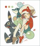  1girl :d alternate_color auko border bow brown_hair cabbie_hat cyndaquil full_body gen_2_pokemon hand_on_own_arm hat hat_bow kotone_(pokemon) marill no_pupils open_mouth orange_eyes over-kneehighs pokemon pokemon_(creature) pokemon_(game) pokemon_hgss red_bow red_footwear red_shirt shiny_pokemon shirt shoes signature simple_background smile thigh-highs twintails umbreon white_background white_hat white_legwear wooper 