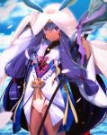  1girl akahito animal_ears bangs blanket blue_sky blunt_bangs bracelet breasts cosplay dark_skin earrings eyebrows_visible_through_hair facepaint facial_mark fate/grand_order fate/stay_night fate_(series) hair_between_eyes hair_tubes hairband hands_up hood hoop_earrings jackal_ears jewelry long_hair long_sleeves looking_at_viewer low-tied_long_hair medjed medjed_(cosplay) merlin_(fate) merlin_(fate/stay_night) merlin_(fate/stay_night)_(cosplay) nitocris_(fate/grand_order) nitocris_(swimsuit_assassin)_(fate) ocean one-piece_swimsuit petals purple_hair robe sidelocks sky smile solo staff swimsuit swimsuit_under_clothes thighs very_long_hair violet_eyes white_robe white_swimsuit wide_sleeves 