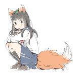  1girl animal_ears bangs black_eyes black_hair black_legwear blue_skirt brown_footwear crossed_arms elbows_on_knees fox_ears fox_girl fox_tail highres kneehighs leaf leaf_on_head loafers long_hair natsutaro_(sss_stn) original red_neckwear school_uniform serafuku shoes simple_background skirt solo squatting tail tongue tongue_out white_background 