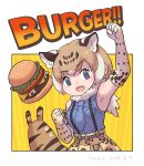  :d armpits bare_shoulders blue_eyes blue_neckwear blue_shirt character_request commentary_request dated dot_nose elbow_gloves english eyebrows_visible_through_hair fang food fur_collar gloves hamburger hand_up high-waist_skirt kemono_friends light_brown_hair looking_at_viewer multicolored_hair necktie open_mouth orange_skirt roonhee shirt short_hair signature skirt sleeveless sleeveless_shirt smile streaked_hair suspender_skirt suspenders yellow_background 