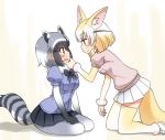  2girls animal_ears bangs black_hair black_neckwear blonde_hair blouse blue_blouse blush bow bowtie brown_eyes clenched_hand closed_mouth common_raccoon_(kemono_friends) elbow_gloves extra_ears eyebrows_visible_through_hair fennec_(kemono_friends) fox_ears fox_tail from_side frown fur_collar gloves grey_hair grey_legwear hand_on_another&#039;s_chin hand_on_lap kemono_friends kneeling leaning_forward looking_at_another multicolored_hair multiple_girls open_mouth pantyhose pink_sweater pleated_skirt puffy_short_sleeves puffy_sleeves raccoon_ears raccoon_tail shadow short_hair short_sleeves sitting skirt smile striped_tail sweatdrop sweater tail thigh-highs umekichi wavy_mouth white_skirt yellow_legwear yokozuwari yuri 