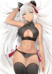  1girl :&lt; arm_at_side arm_up armpits bangs bare_arms bare_shoulders black_legwear black_panties blush breasts breasts_apart closed_mouth covered_collarbone cowboy_shot dark_skin eyebrows_visible_through_hair fate/grand_order fate_(series) groin hair_between_eyes halter_top halterneck highres large_breasts long_hair looking_at_viewer majin_saber navel panties silver_(chenwen) silver_hair simple_background solo thigh-highs thigh_gap underwear very_long_hair white_background yellow_eyes 