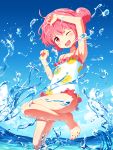  1girl ;d ahoge arm_up armpits ayaki_ichigo bow clouds cloudy_sky comic_girls commentary double_bun flat_chest frilled_swimsuit frills hair_ornament moeta_kaoruko ocean one-piece_swimsuit one_eye_closed one_leg_raised open_mouth outdoors partially_submerged pink_hair red_eyes shiny shiny_hair shiny_skin sky smile solo spaghetti_strap splashing swimsuit water x_hair_ornament 