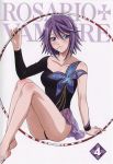  1girl absurdres blue_eyes breasts candy copyright_name cover dvd_cover food food_in_mouth gymnast_leotard gymnastics highres hoop legs leotard lollipop medium_breasts official_art pinky_out plantar_flexion purple_hair rhythmic_gymnastics rosario+vampire scan shirayuki_mizore short_hair solo 