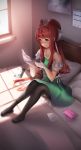  1girl absurdres bare_shoulders black_legwear blush brown_hair collarbone commentary day doki_doki_literature_club dust_particles english_commentary envelope full_body green_eyes hair_ribbon highres indoors jewelry long_hair magazine monika_(doki_doki_literature_club) necklace on_bed pillow ponytail reading ribbon ring sitting solo tsukimaru very_long_hair wedding_band white_ribbon window window_shade 