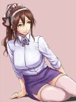 1girl alternate_legwear arm_support ashigara_(kantai_collection) breasts brown_eyes brown_hair closed_mouth collared_shirt commentary_request grey_background hair_ornament hairband ishii_hisao kantai_collection large_breasts long_hair long_sleeves looking_to_the_side miniskirt pink_legwear ponytail purple_skirt shirt simple_background sitting skirt smile solo thigh-highs white_shirt wing_collar yokozuwari zettai_ryouiki 