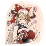  1girl aliza_(granblue_fantasy) bow breasts cleavage cleavage_cutout commentary_request draph erect_nipples granblue_fantasy hair_bow horns large_breasts long_hair nipple_tweak open-mouth pointy_ears ponytail rakujin red_bow red_eyes silver_hair solo translation_request upper_body very_long_hair wavy_mouth wince wrist_cuffs 