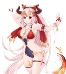  1girl aliza_(granblue_fantasy) alternate_costume bow breasts cleavage commentary_request cpqm draph granblue_fantasy hair_bow heart highres horns large_breasts long_hair looking_at_viewer one-piece_swimsuit pink_hair pointy_ears ponytail red_bow red_eyes single_thighhigh smile solo swimsuit thigh-highs thigh_strap very_long_hair wrist_cuffs 