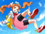  &gt;:d 1girl aisaki_emiru arm_up ayaki_ichigo bangs blunt_bangs blush bow brown_hair clouds cloudy_sky commentary_request dress elbow_pads floating_hair flower_ornament from_below gloves hair_bow hairband hugtto!_precure knee_pads long_hair precure puffy_short_sleeves puffy_sleeves red_eyes shiny shiny_hair shiny_skin shoes short_sleeves shorts shorts_under_skirt sky smile solo speed_lines twintails 